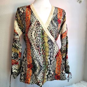 ANTHRO LAROK 1OO% SILK & LACE MULTI-COLORED KIMONO LIKE ETNIC WRAP TOP SZ: S